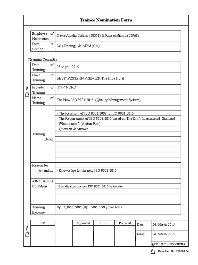 Trainee Nomination Form: - Socialization The New ISO 9001:2015 To ...