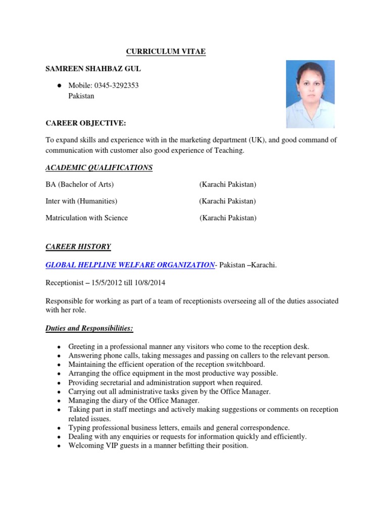 Teacher and Receptionist CV Sample | PDF | Communication | Business