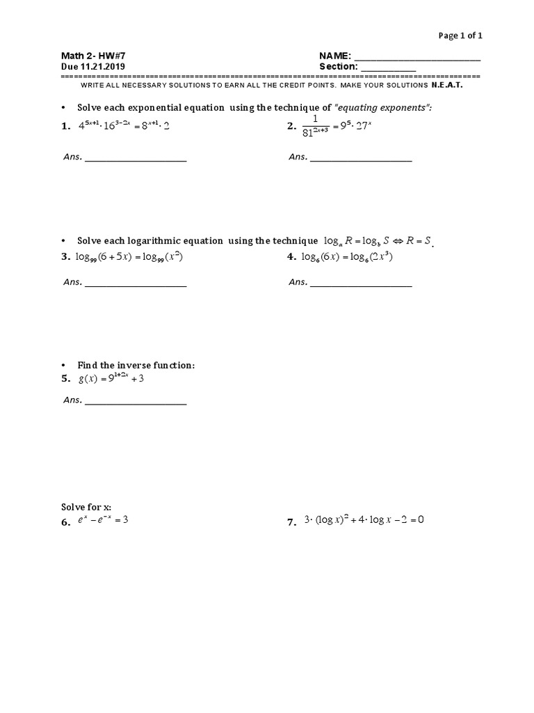 Math 2 Homework: Exponential & Logarithmic Equations | PDF