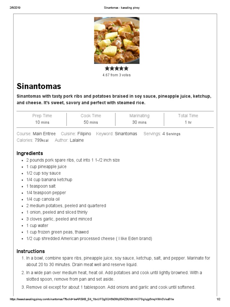 Sinantomas Recipe with Pork Ribs | PDF | Cooking | Food And Drink