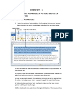 Experiment - 1 Aim: Steps To Apply Formatting in Ms Word and Use of Format Painter Tab Steps To Apply Formatting