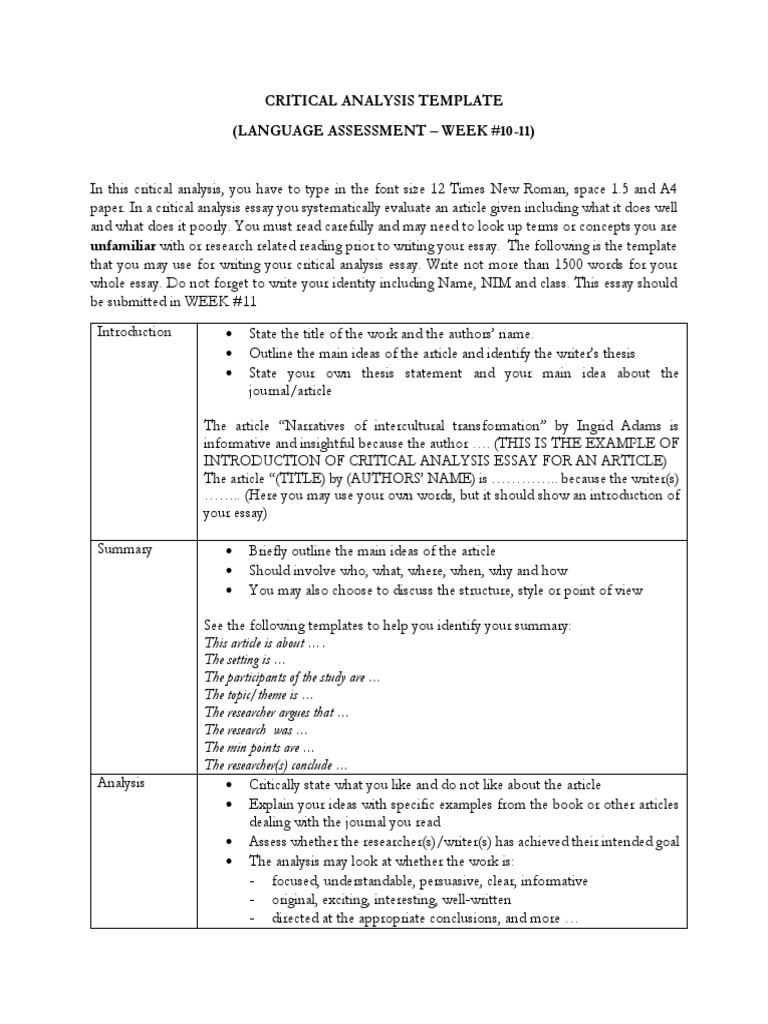 Critical Analysis Essay Template | PDF | Essays | Critical Thinking