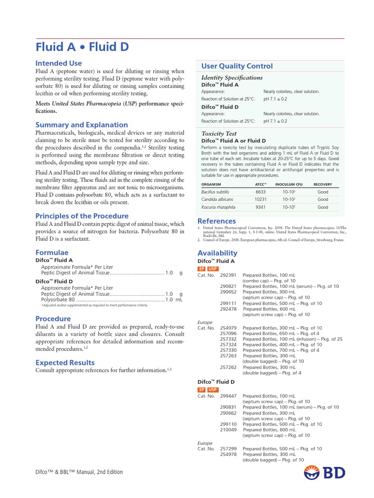 Fluid A Fluid D Intended Use User Quality Control PDF Chemistry