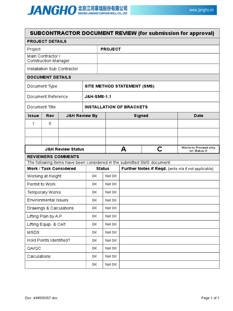 SUBCONTRACTOR DOCUMENT REVIEW (For Submission For Approval) : Project ...