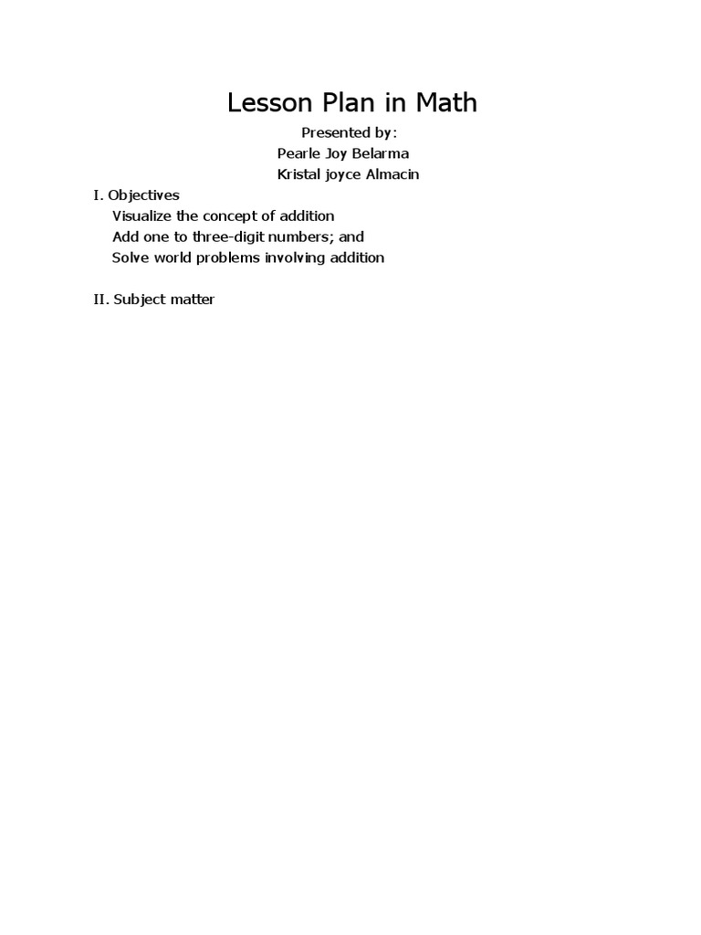 Math Lesson Plan: Addition Skills | PDF