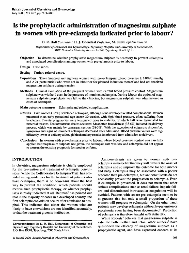 Is The Prophylactic Administration of Magnesium Sulphate in Women With ...