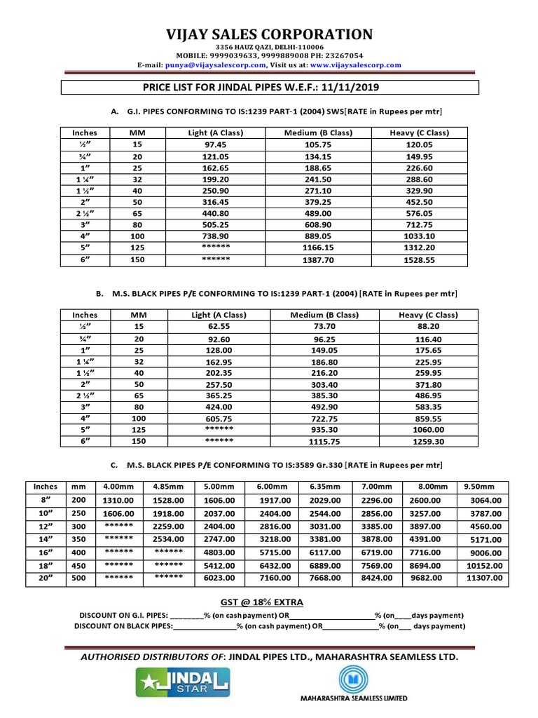 Vijay Sales Corporation: Price List For Jindal Pipes W.E.F.: 11/11/2019 ...