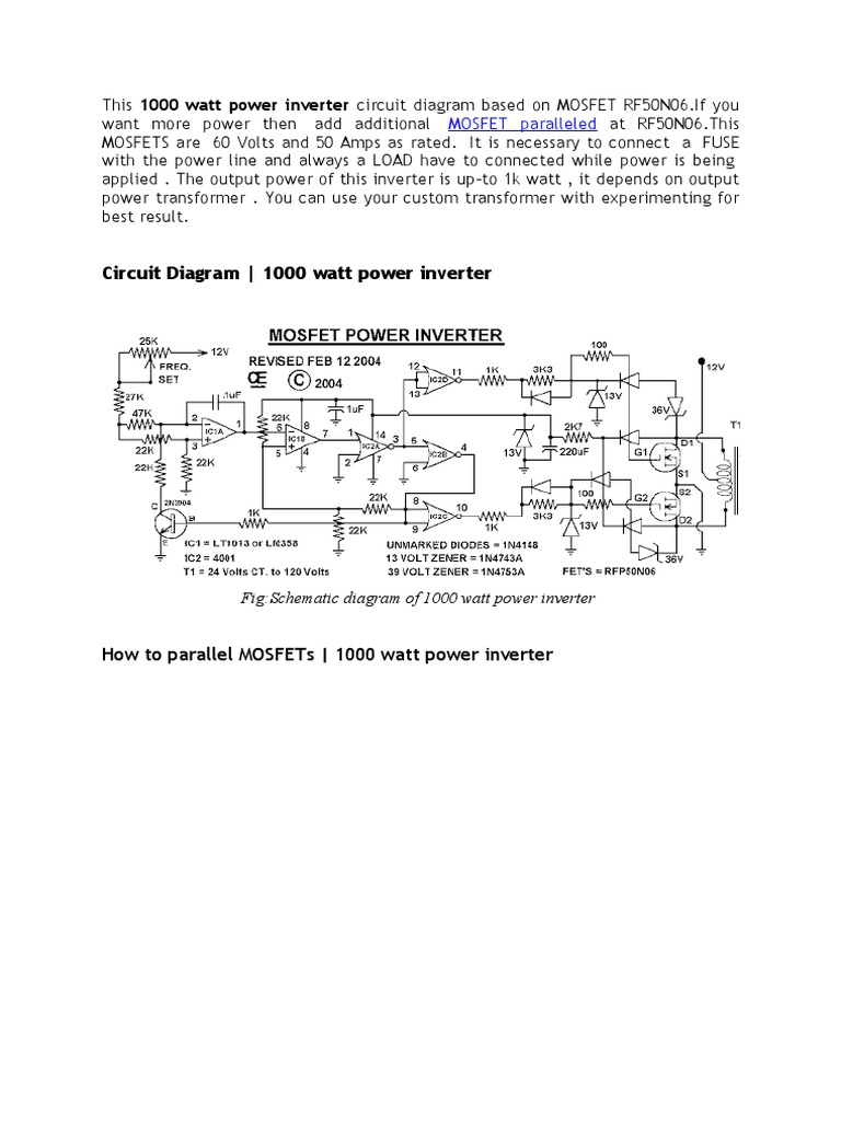 1000W MOSFET Inverter Circuit Diagram PDF