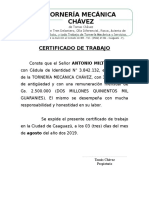 Certificado de Trabajo Tornería Mecánica Chavez