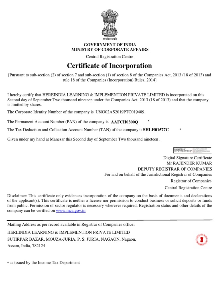 Certificate of Incorporation   PDF   Corporations   Companies