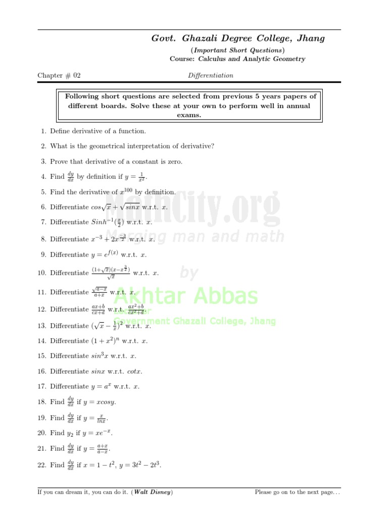 Class 12 Important Differentiation Questions | PDF | Derivative | Rates