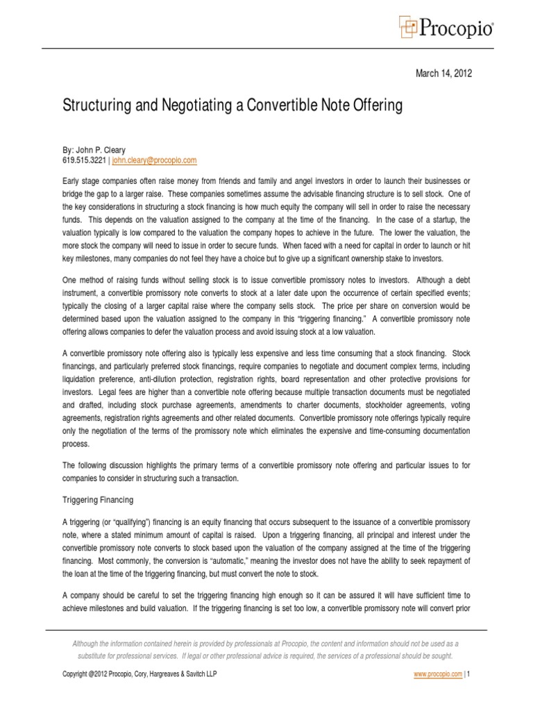 Structuring and Negotiating A Convertible Note Offering By John P