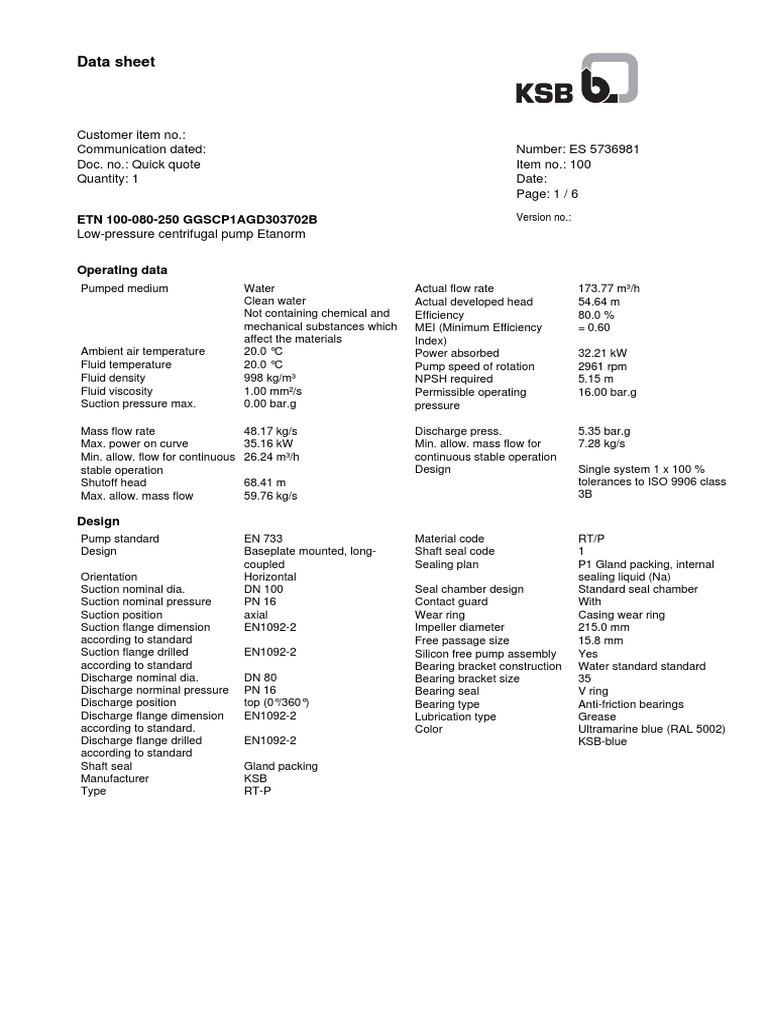 Low-Pressure Centrifugal Pump Data Sheet | PDF | Pump | Bearing ...