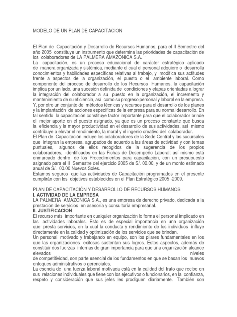 Modelo de Un Plan de Capacitacion | PDF | Planificación | Gestión de ...