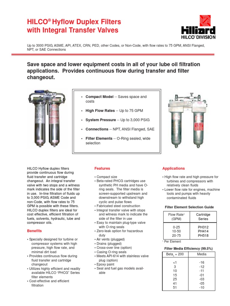 Hilco Hyflow Duplex Filters Datasheet PDF Filtration Valve