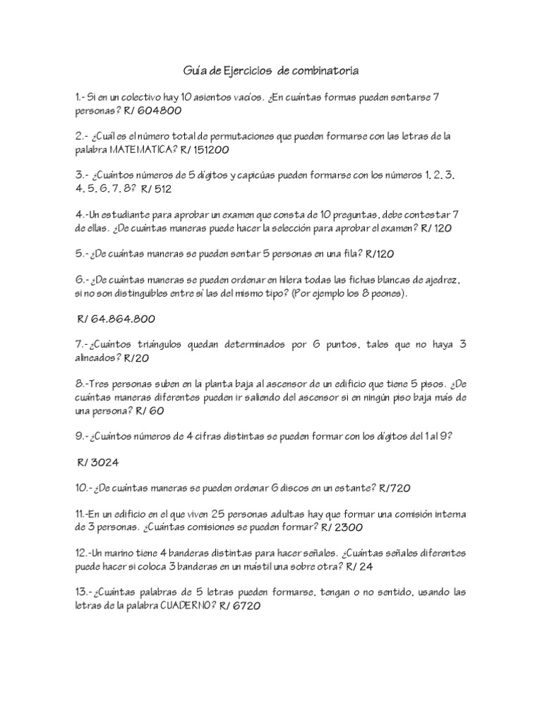 Ejercicios de Combinatoria Resueltos | PDF | Combinatoria | Enseñanza ...