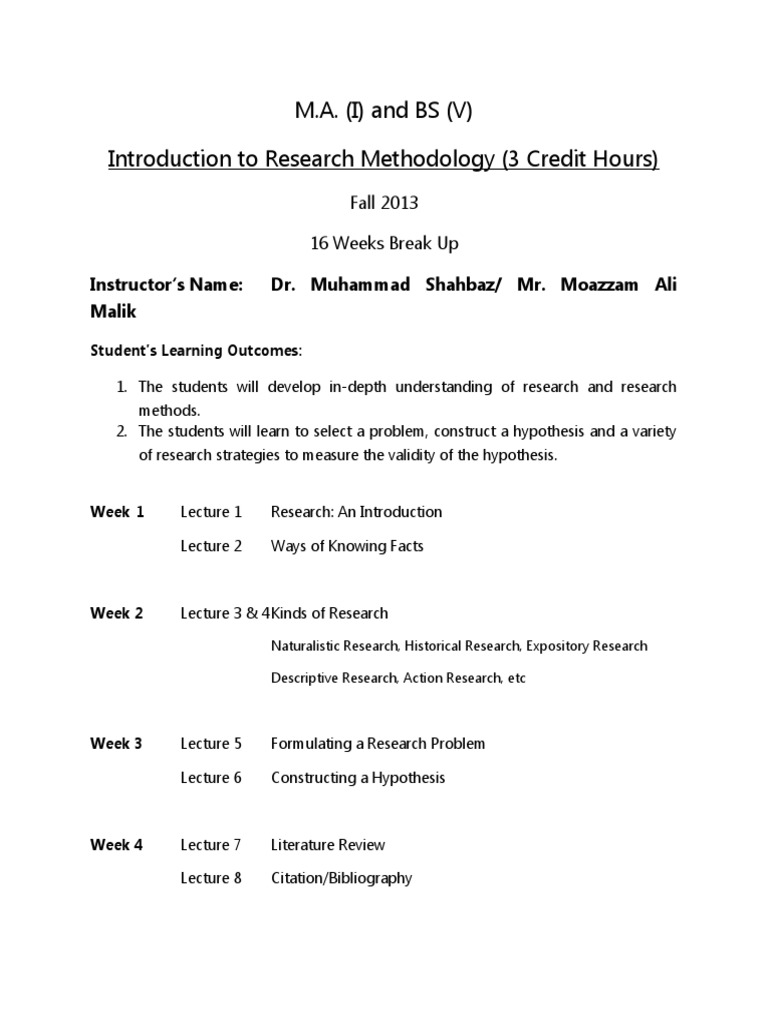 M.A. (I) and BS (V) Introduction To Research Methodology (3 Credit ...