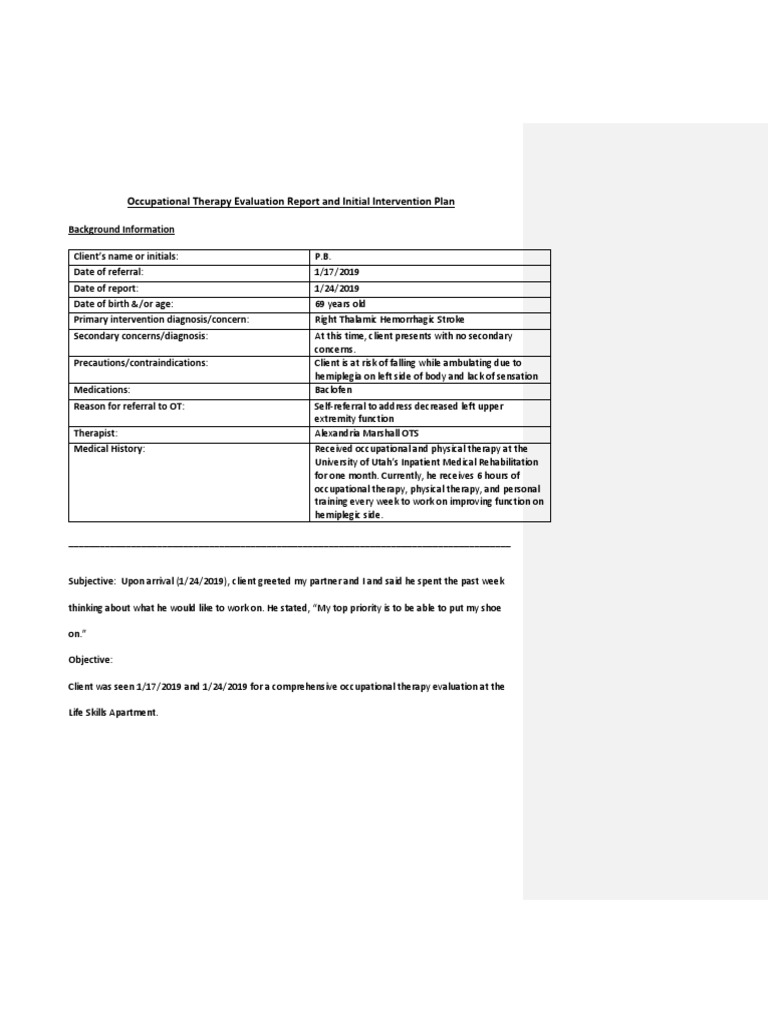 Occupational Therapy Evaluation Report and Initial Intervention Plan