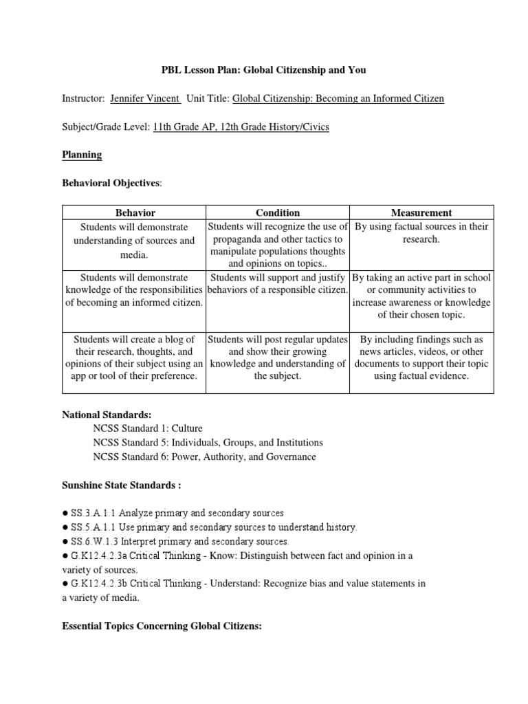 Global Citizenship Lesson Plan for Students | PDF | Citation ...