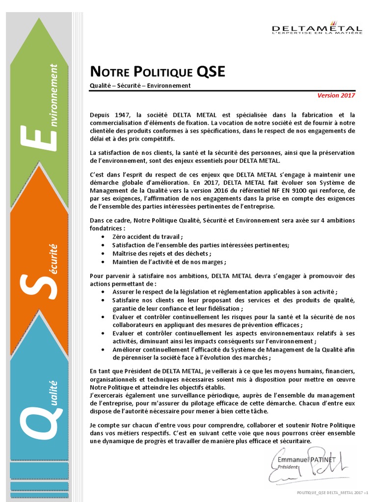 Politique Qse Delta Metal 2017 V1 Pdf Securite Management De La Qualite