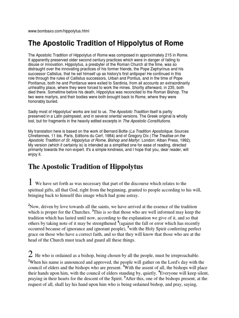 Hippolytus of Rome The Apostolic Tradition of Hippolytus of Rome