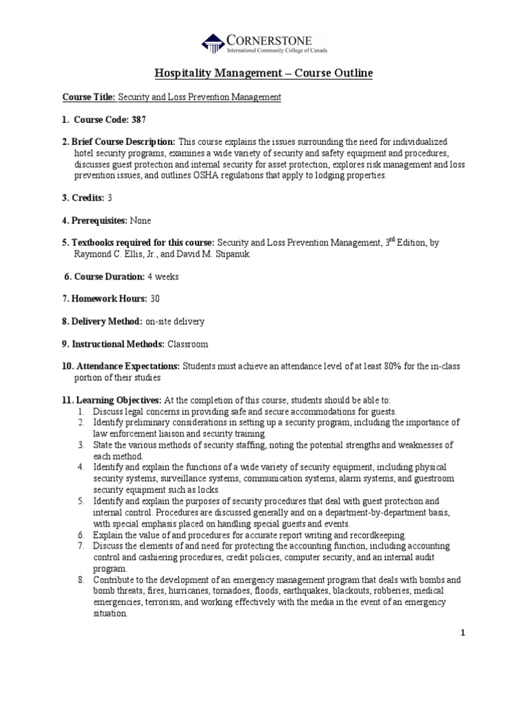 Hotel Security Management Course Outline | PDF | Risk Management ...