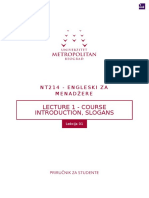 Lecture 1 - Course Introduction, Slogans: Nt214 - Engleski Za Menadžere