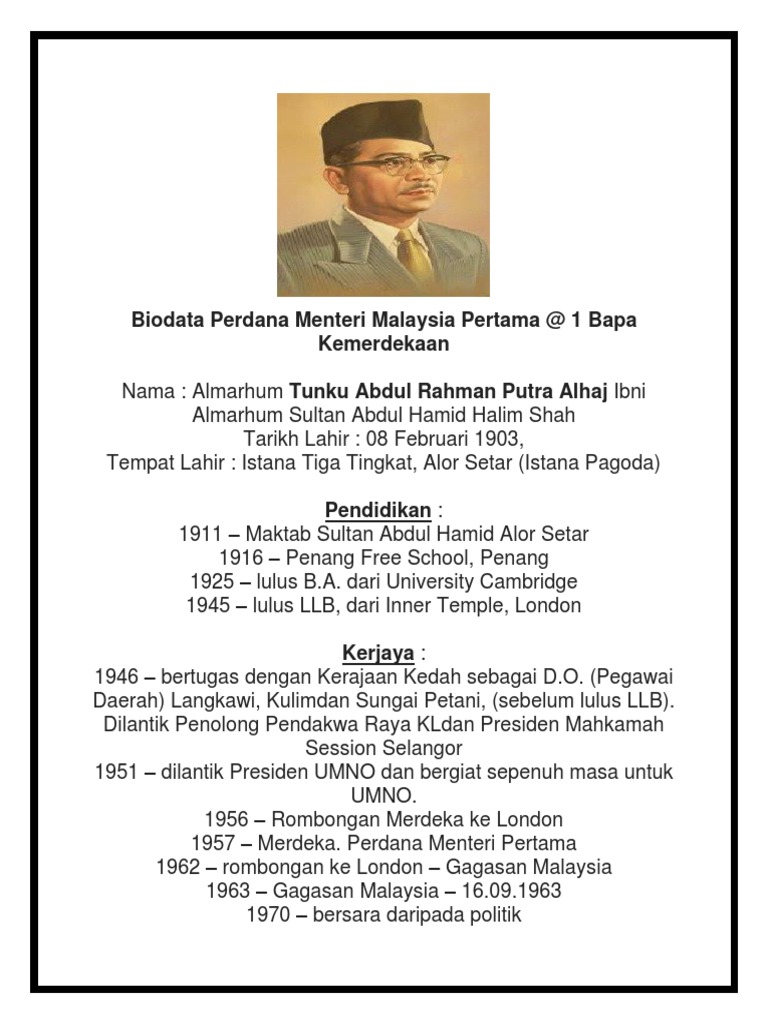 Biodata Perdana Menteri Malaysia Pertama 1 Bapa