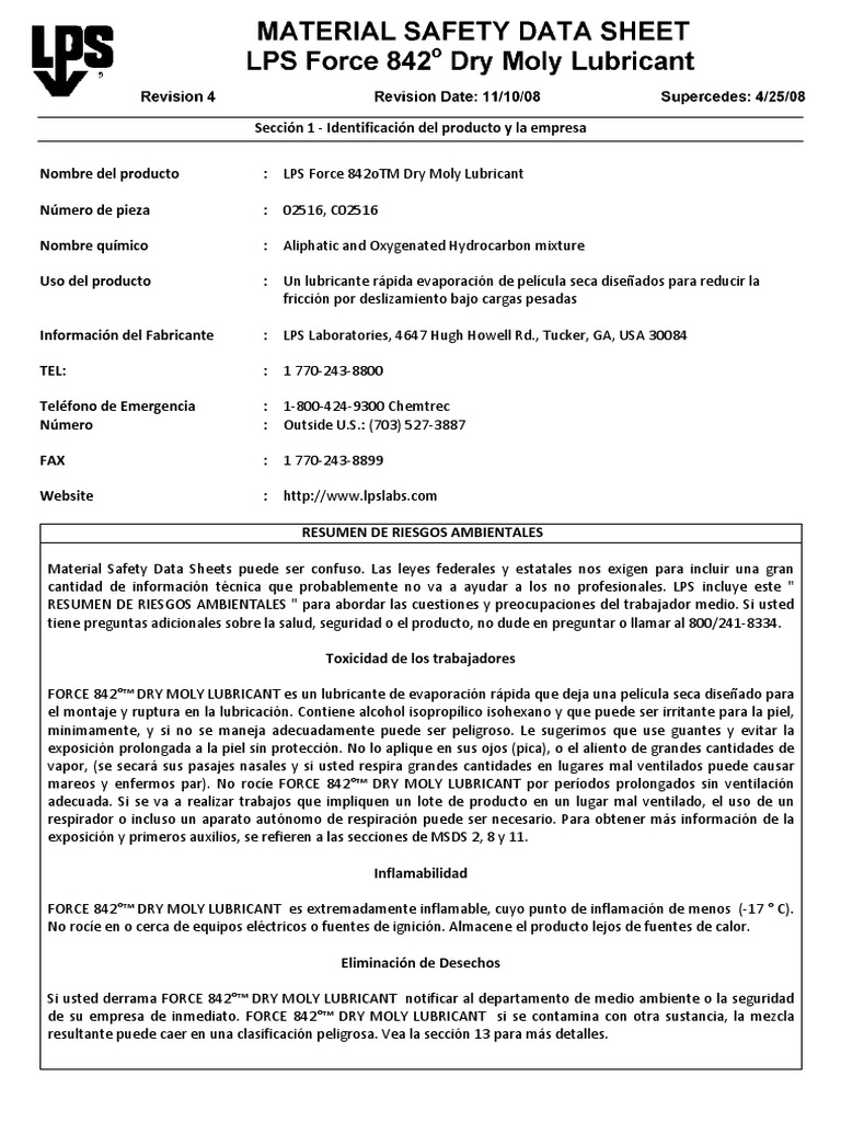 MSDS LPS Force 842 Dry Moly Lubricant WM PDF Oxígeno Dióxido de carbono