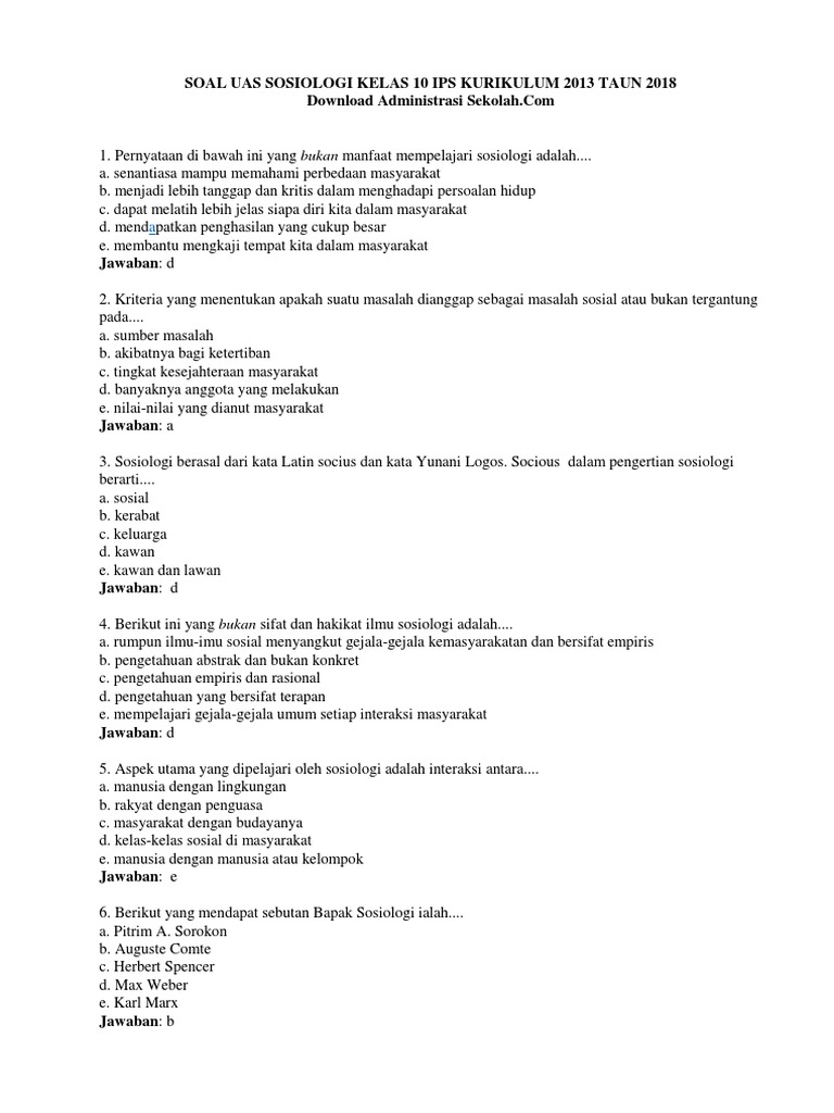 Soal Uas Sosiologi Kelas 10 Ips Semester 1 Www Downloadadministrasisekolah Com Docx