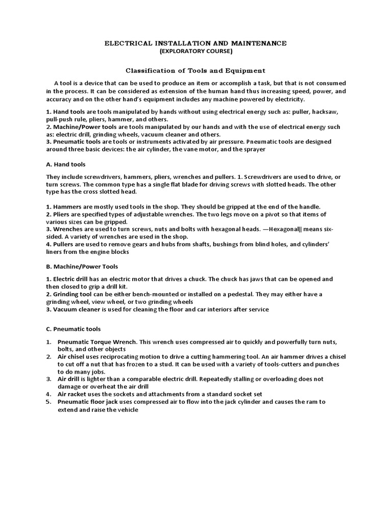 Classification of Tools and Equipment EIM G9 PDF Tools Solution