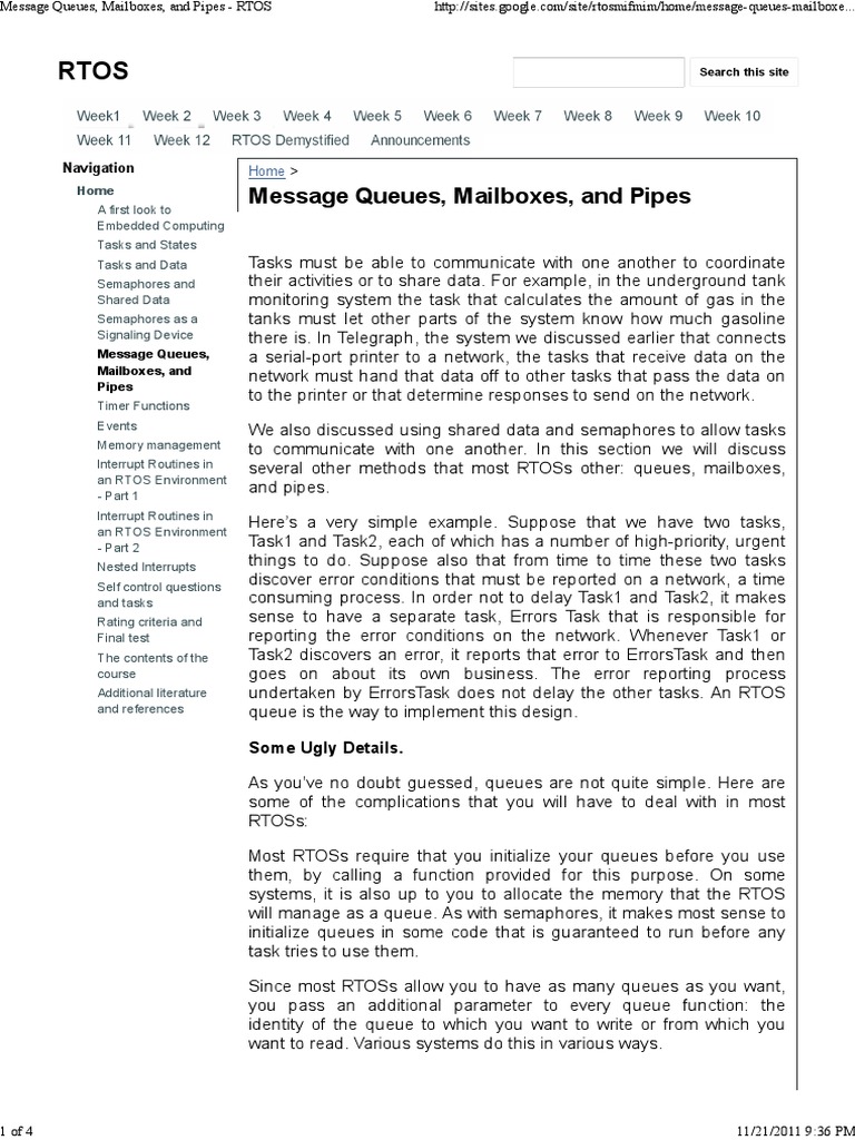 Message Queues Mailboxes and Pipes RTOS PDF Queue (Abstract Data Type) Computer Network
