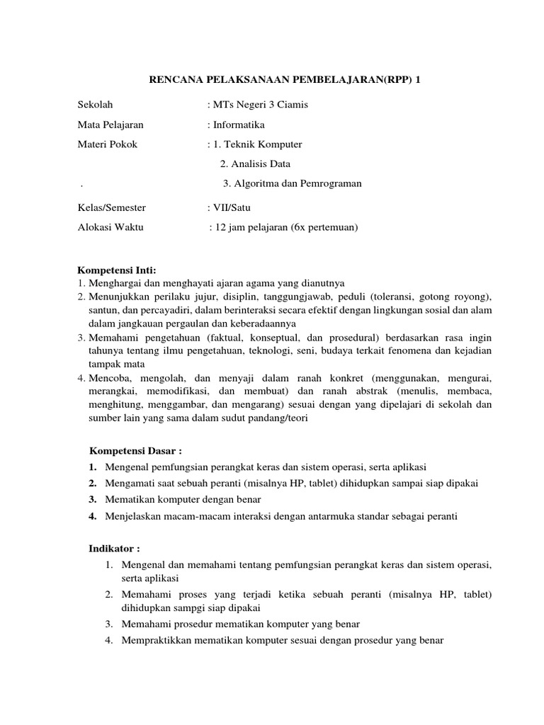 RPP Informatika Kelas 7 | PDF
