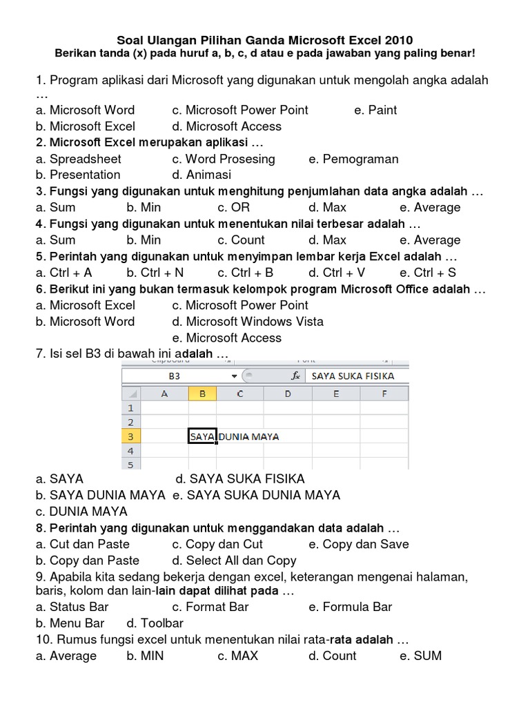 Soal Ulangan Pilihan Ganda Microsoft Excel 2010
