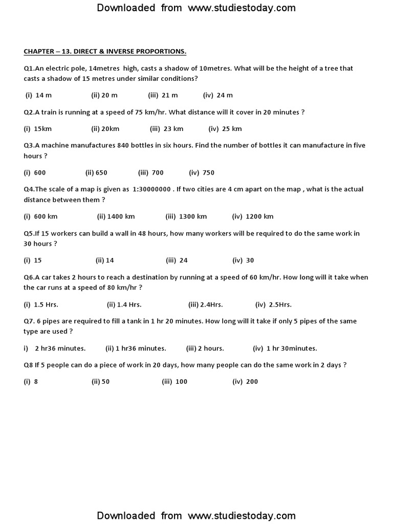 CBSE Class 8 Maths Direct and Inverse Proportions MCQs PDF PDF