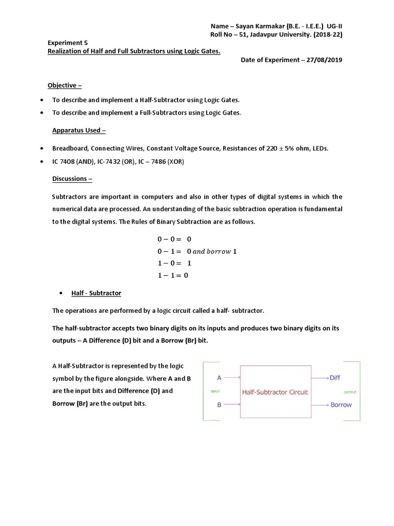 Half and Full Subtractor Circuits | PDF | Logic Gate | Digital Electronics