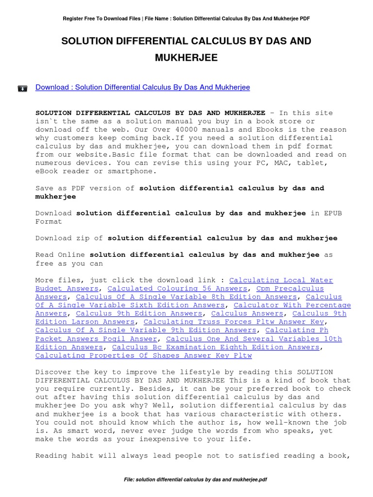 Differential Calculus Solutions by Das & Mukherjee | PDF | E Books ...