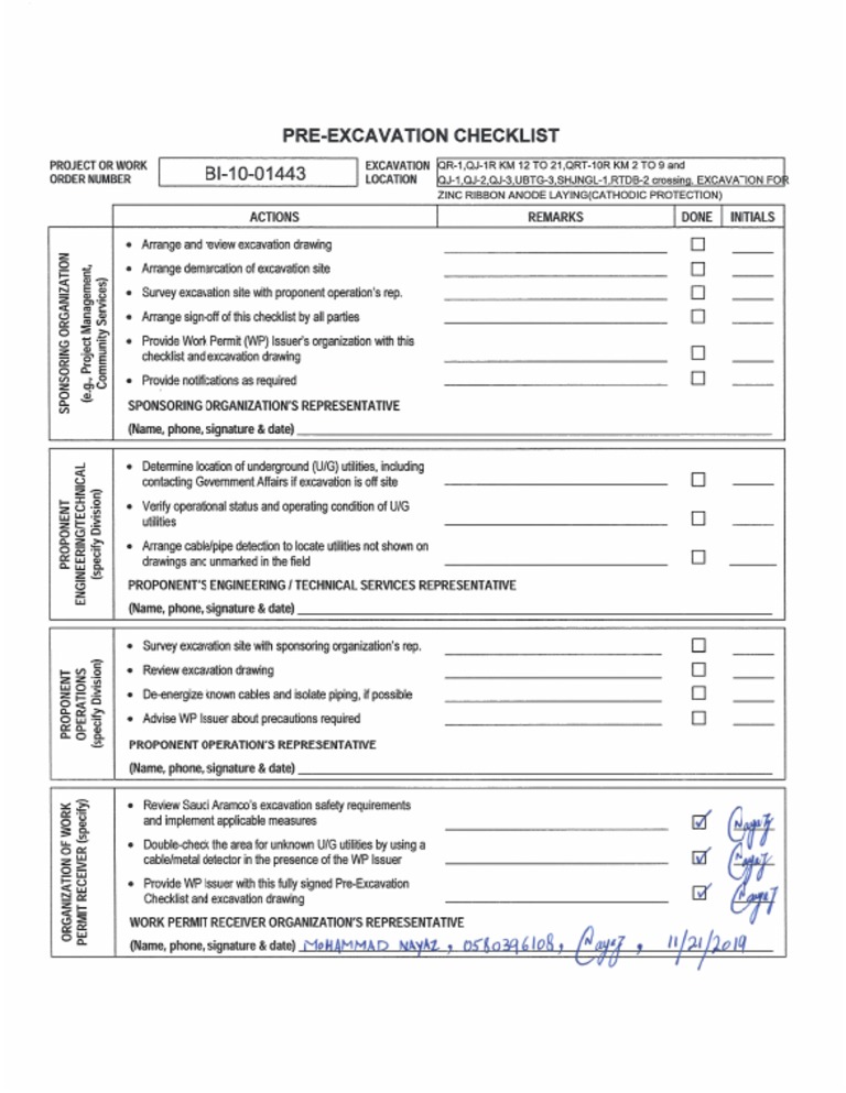 Pre Excavation Checklist Qr-1 KM 12 To 21 | PDF