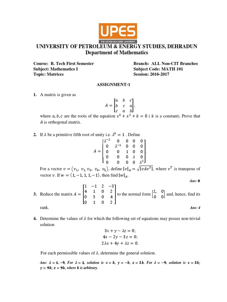 Assignment 1 MATH 101 2016 PDF | PDF | Eigenvalues And Eigenvectors ...