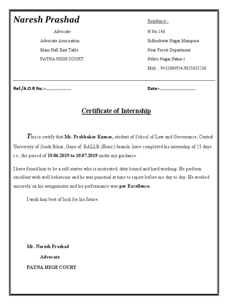 Internship Certificate for Law Student | PDF