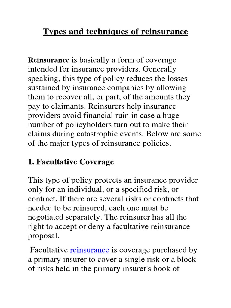 Types and Techniques of Reinsurance PDF Reinsurance Insurance