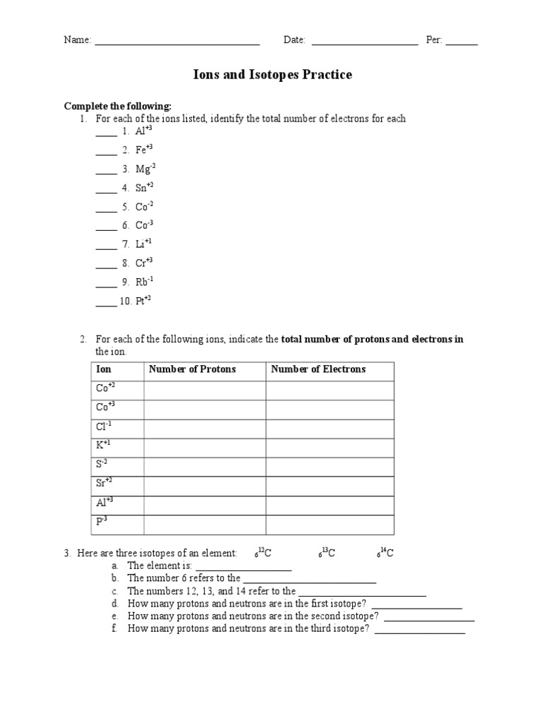 Ions and Isotopes Practice  Isotope  Proton For Ions And Isotopes Worksheet