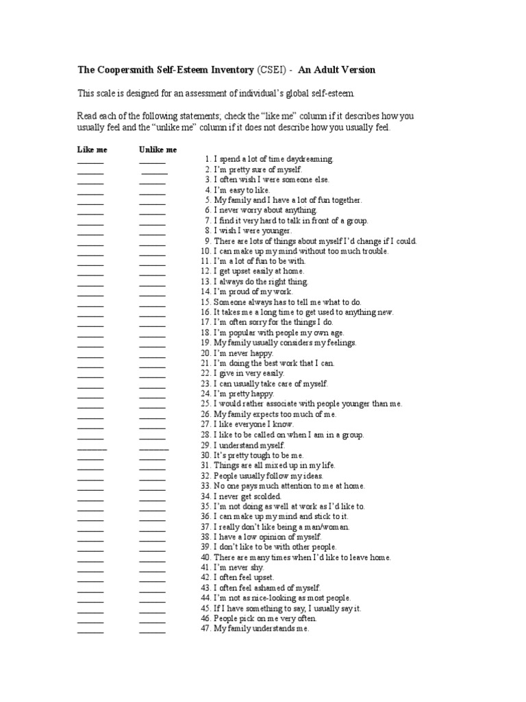 Coopersmith Self-Esteem Inventory | PDF | Psychology | Psychological  Concepts