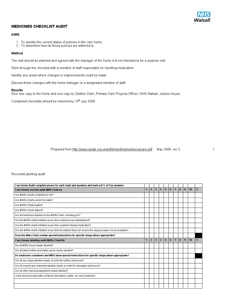 Care Home Medication Audit Checklist | PDF | Pharmacy | Medical ...