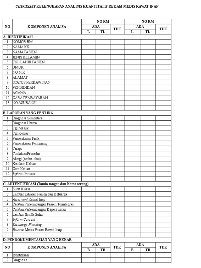 Checklist Kelengkapan Ranap Puskesmas | PDF