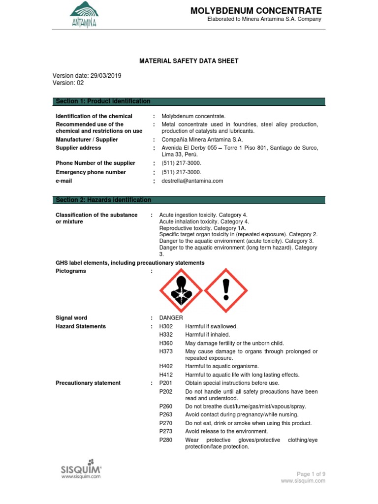Concentrado Molybdenum MSDS PDF Dangerous Goods Toxicity