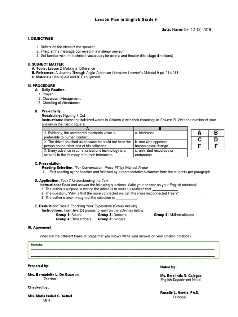 Grade 9 English Lesson Plan: Drama Focus | PDF | Lesson Plan ...