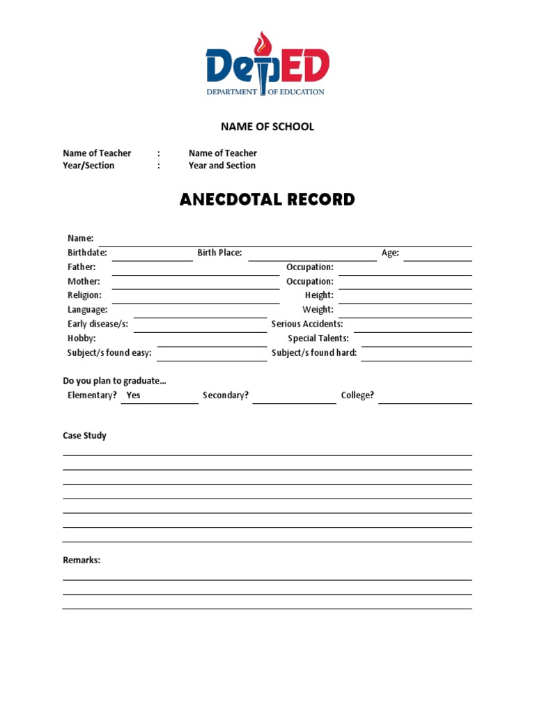 Free Printable Anecdotal Record Form