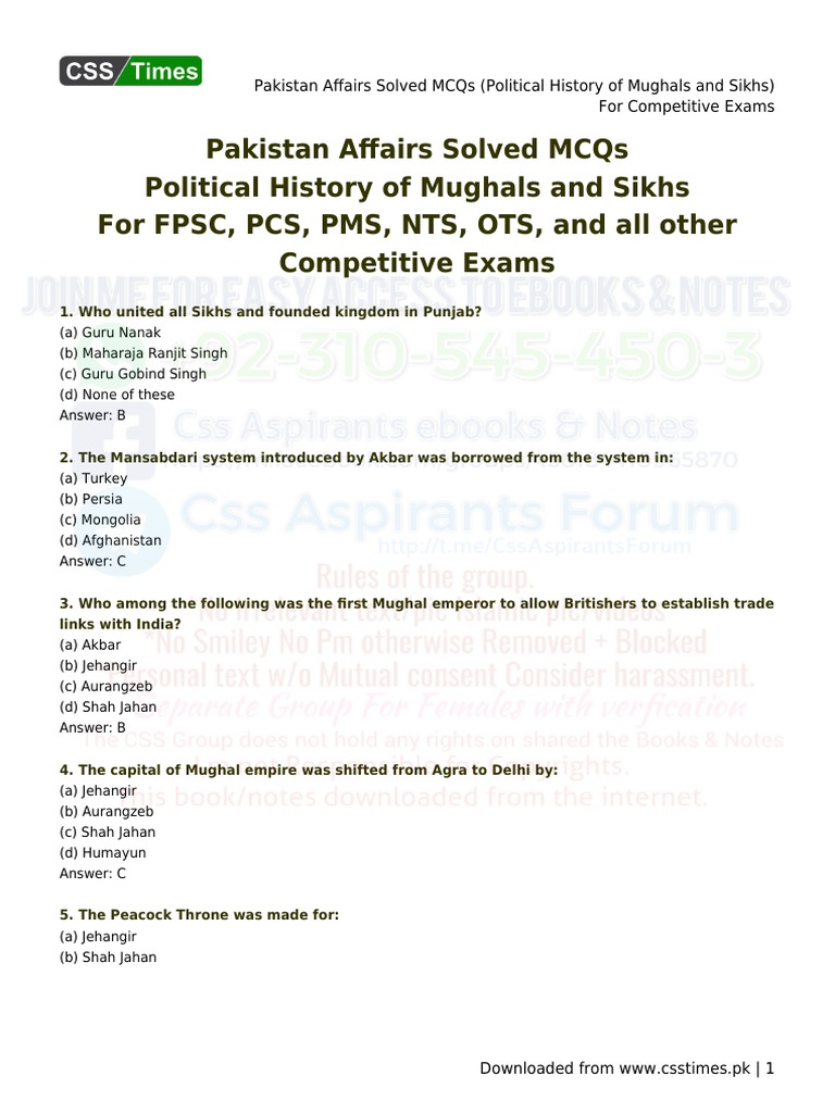Pakistan Affairs Solved MCQs | PDF | Mughal Empire | Lahore