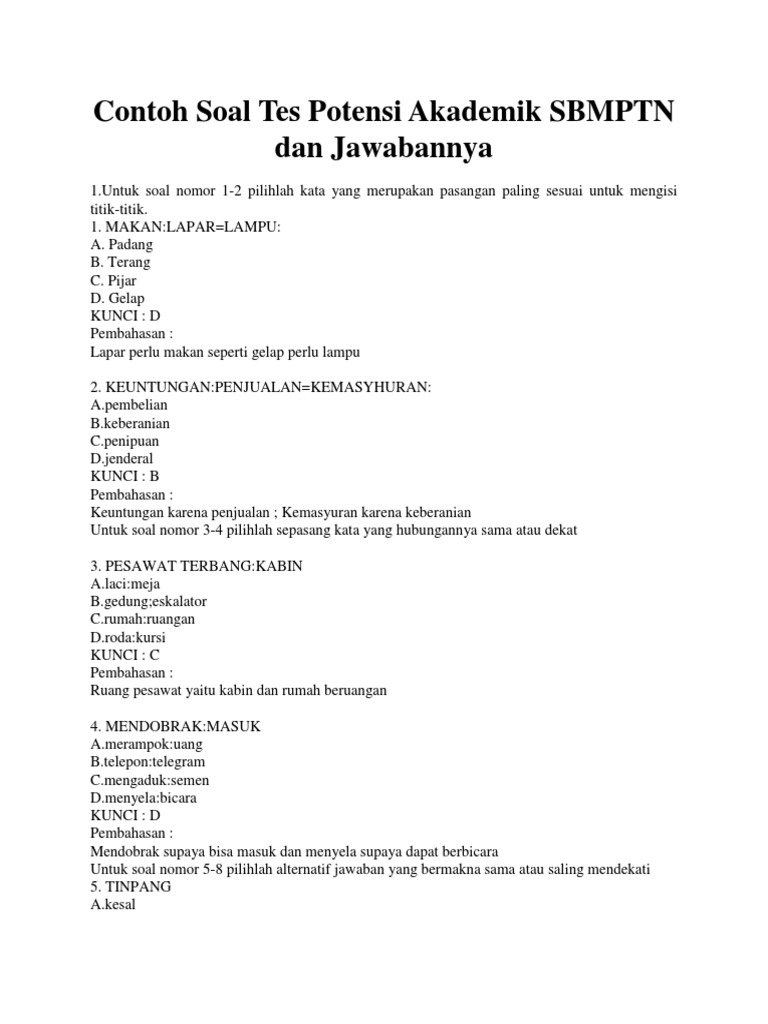 Contoh Soal Tes Potensi Akademik Sbmptn Dan Jawabannya